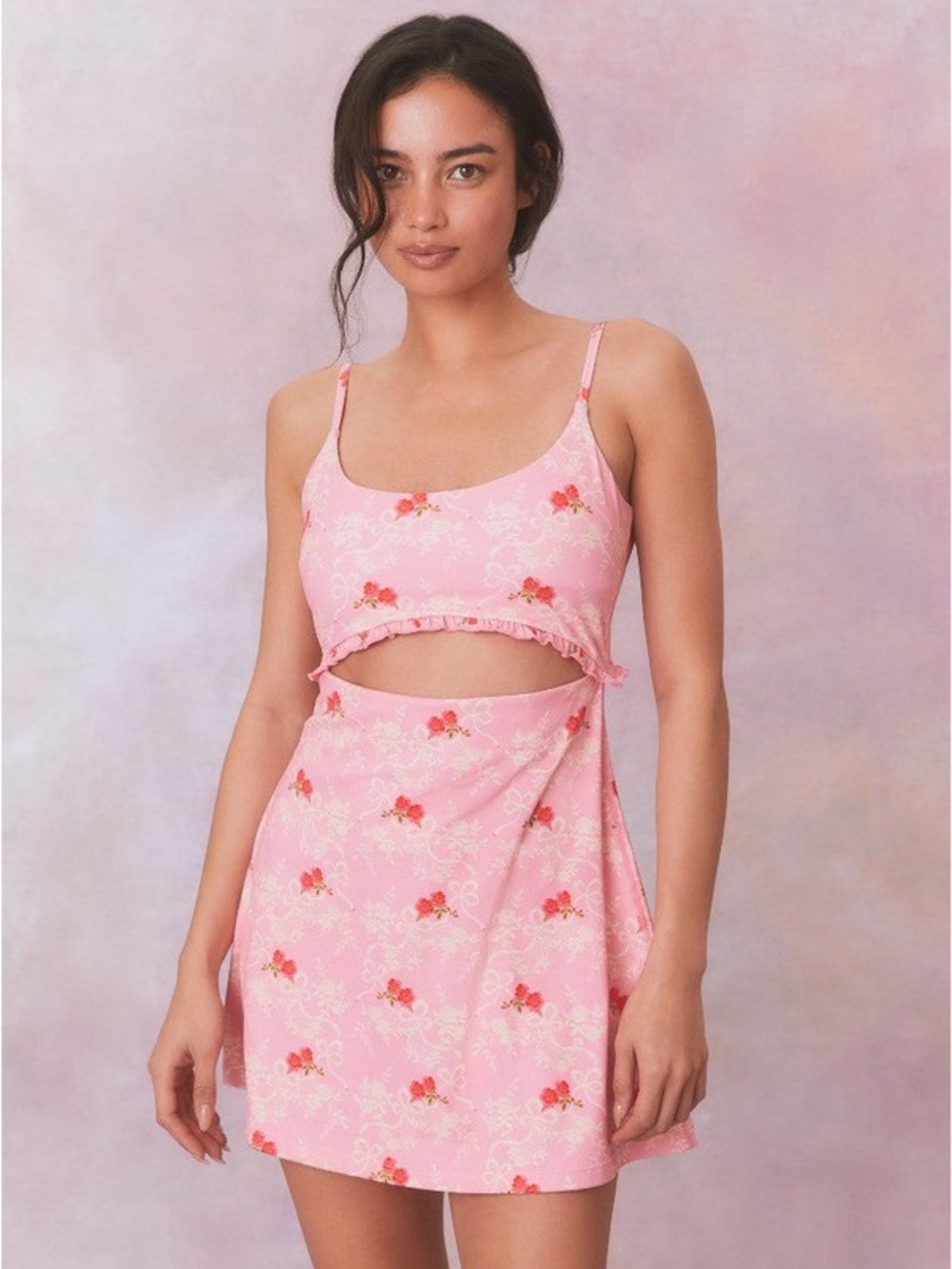 LoveShackFancy Pink Mini Dress with Red Floral Print and Cutout